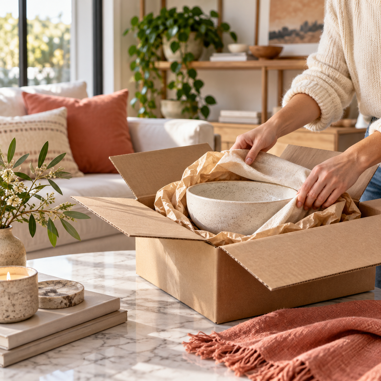 E-commerce customer story showing a home goods delivery scene
