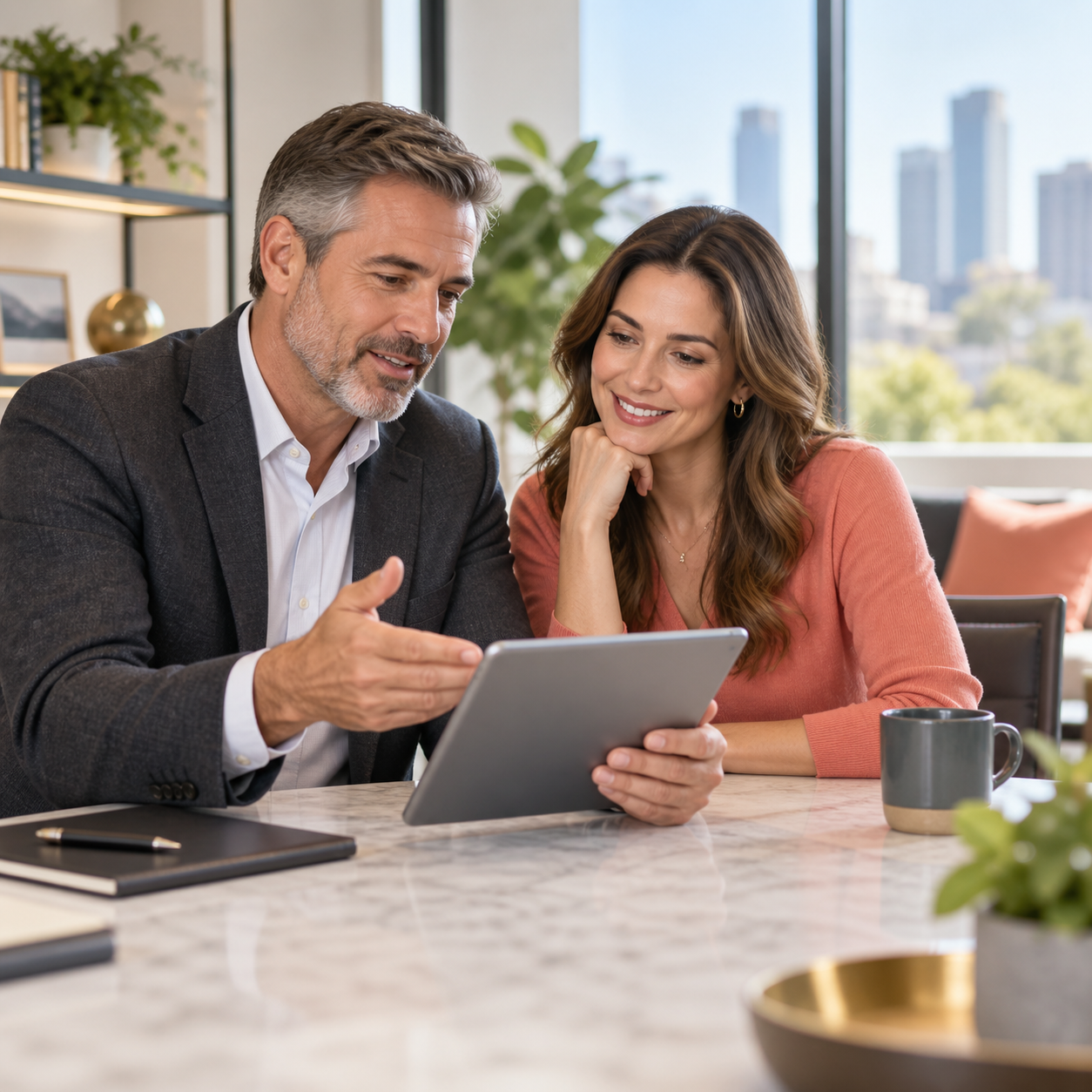 Finance customer story showing an advisor and client reviewing a plan