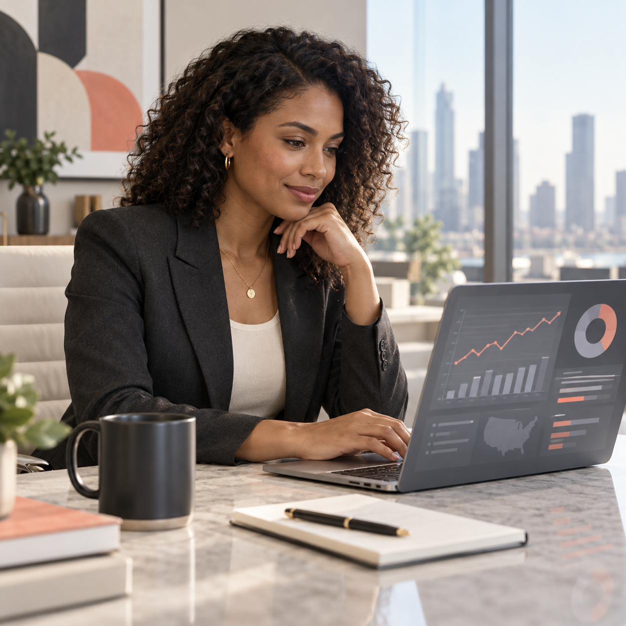 Finance customer story showing performance data reviewed in a modern office