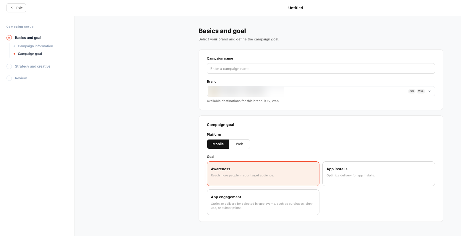 Campaign setup screen where the optimization goal is selected